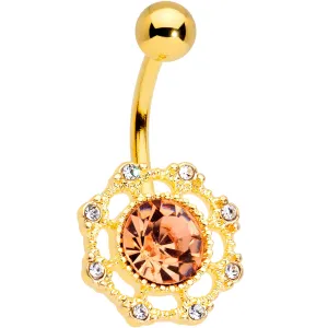Clear Pink CZ Gem Gold Tone Sunburst Belly Ring