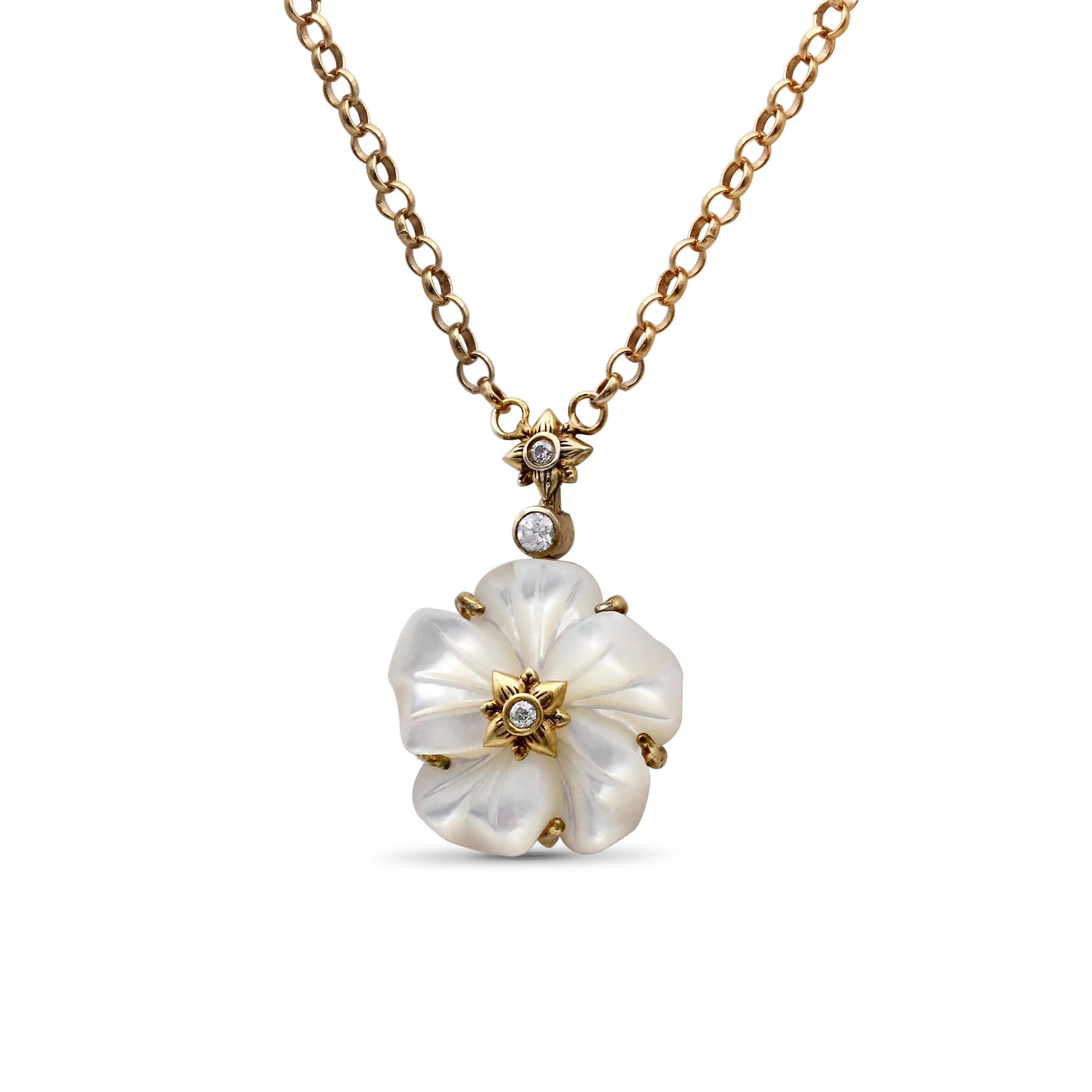 Colorbloom 14mm White Mother of Pearl Flower and White Diamond 0.10ct Pendant in 18K Gold
