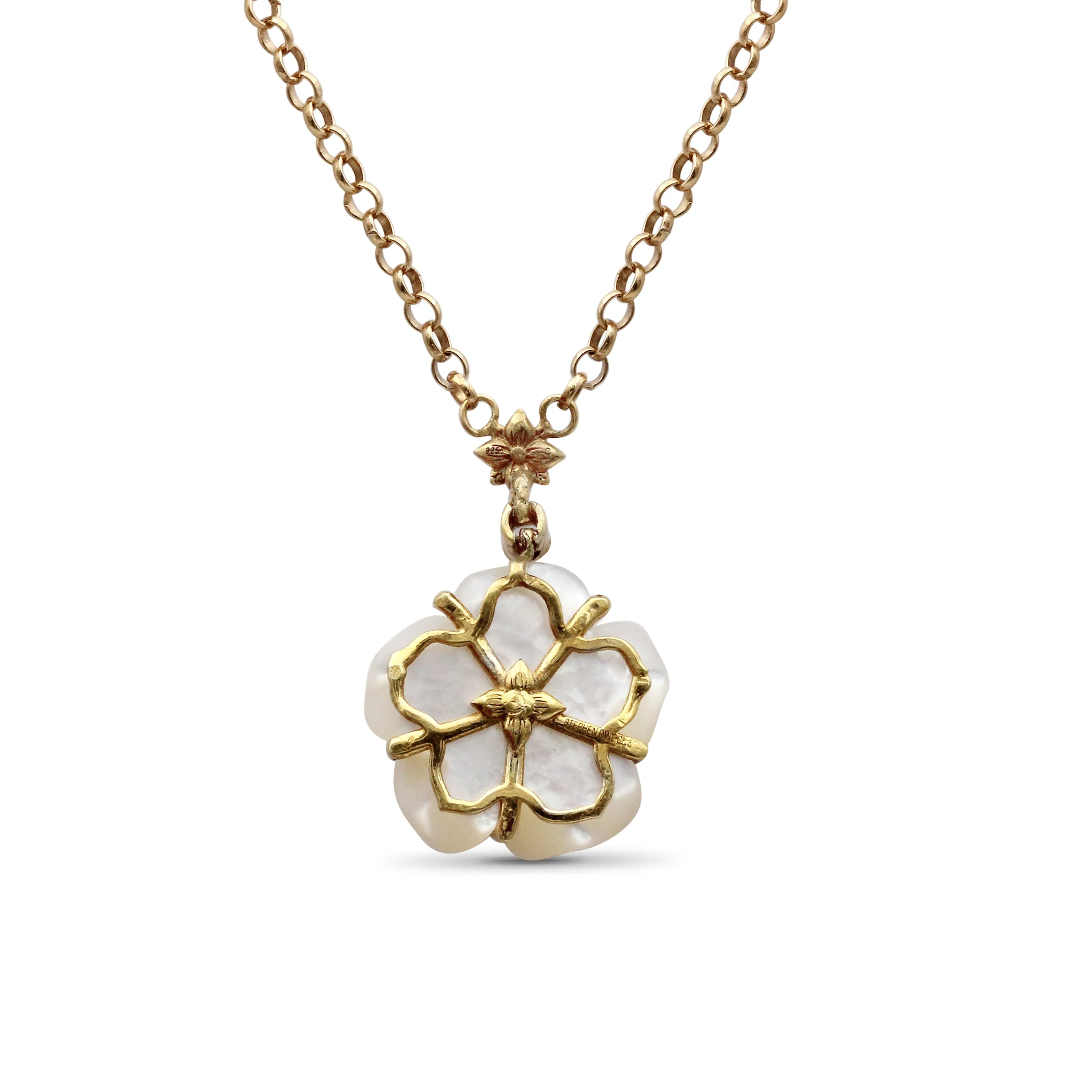 Colorbloom 14mm White Mother of Pearl Flower and White Diamond 0.10ct Pendant in 18K Gold