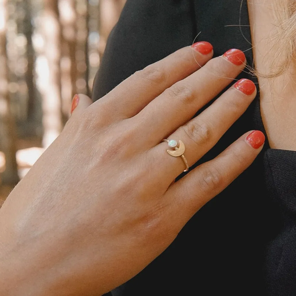 Crescent Moon and Opal Gemstone Stacking Ring in Mixed Metal