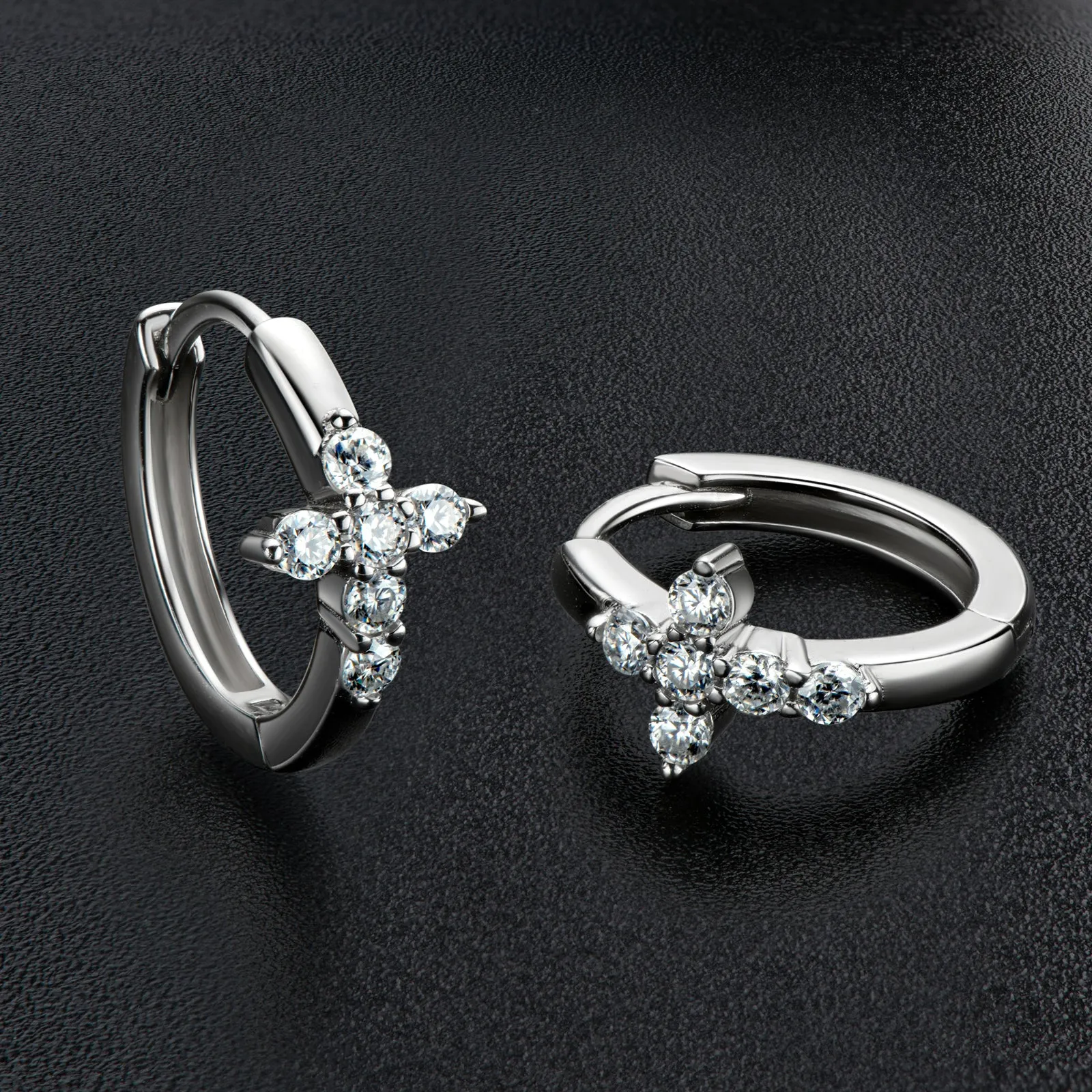 Cross 2mm Round Moissanite Huggie Hoop Earrings