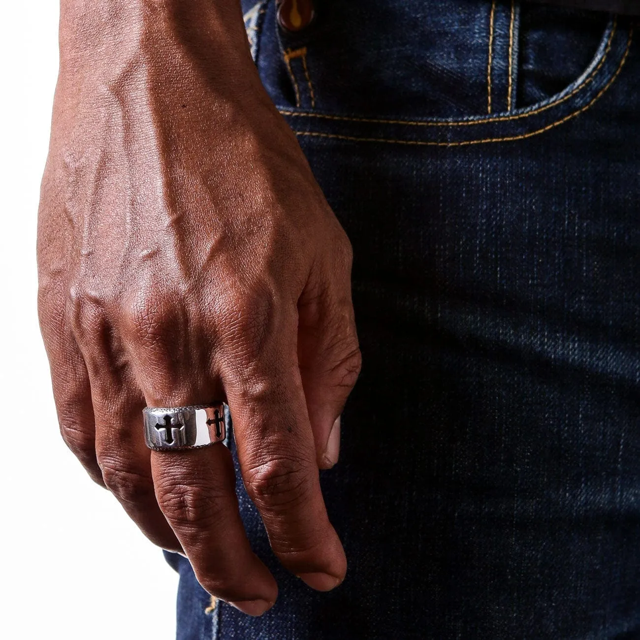 Cross Engraved 925 Sterling Silver Men's Band Ring