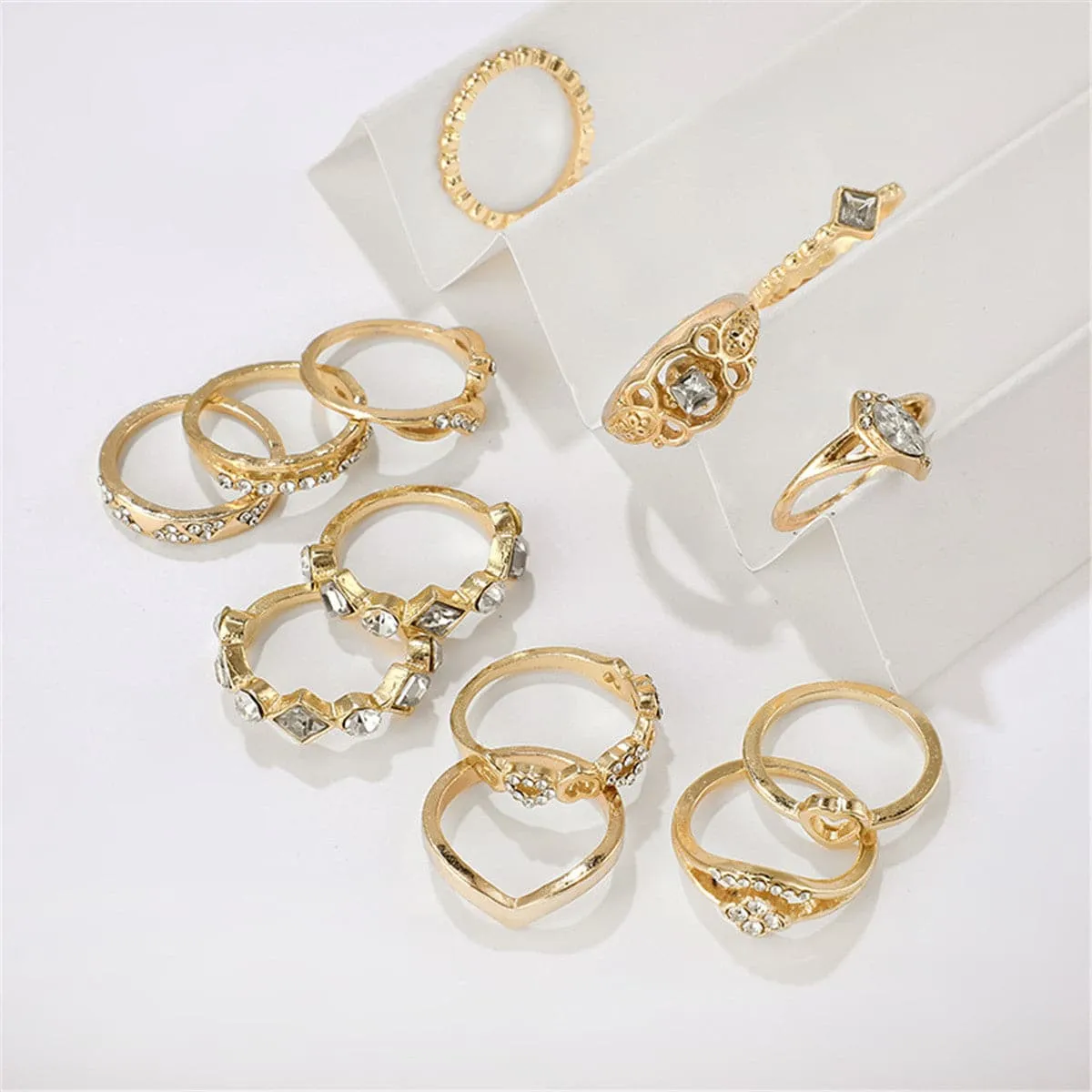 Cubic Zirconia & 18K Gold-Plated Open Alternating Heart Ring Set