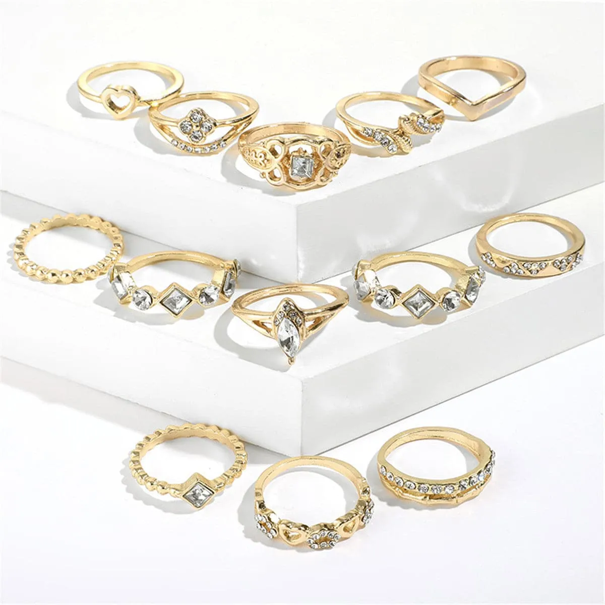 Cubic Zirconia & 18K Gold-Plated Open Alternating Heart Ring Set