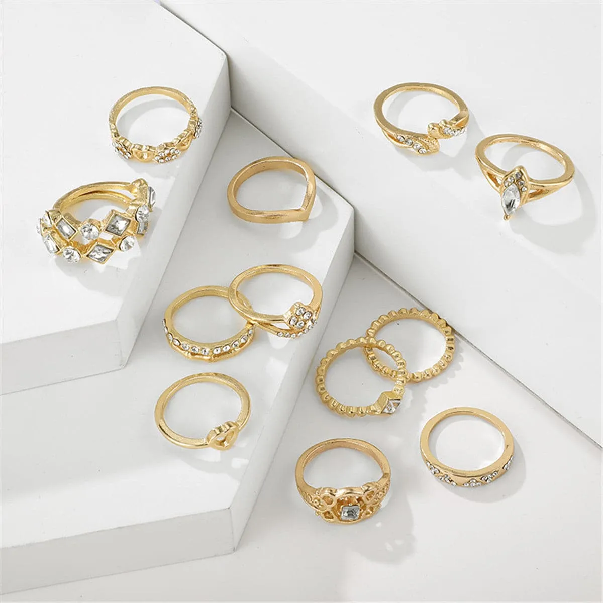 Cubic Zirconia & 18K Gold-Plated Open Alternating Heart Ring Set