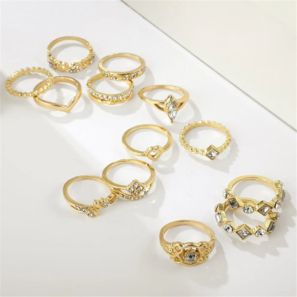 Cubic Zirconia & 18K Gold-Plated Open Alternating Heart Ring Set