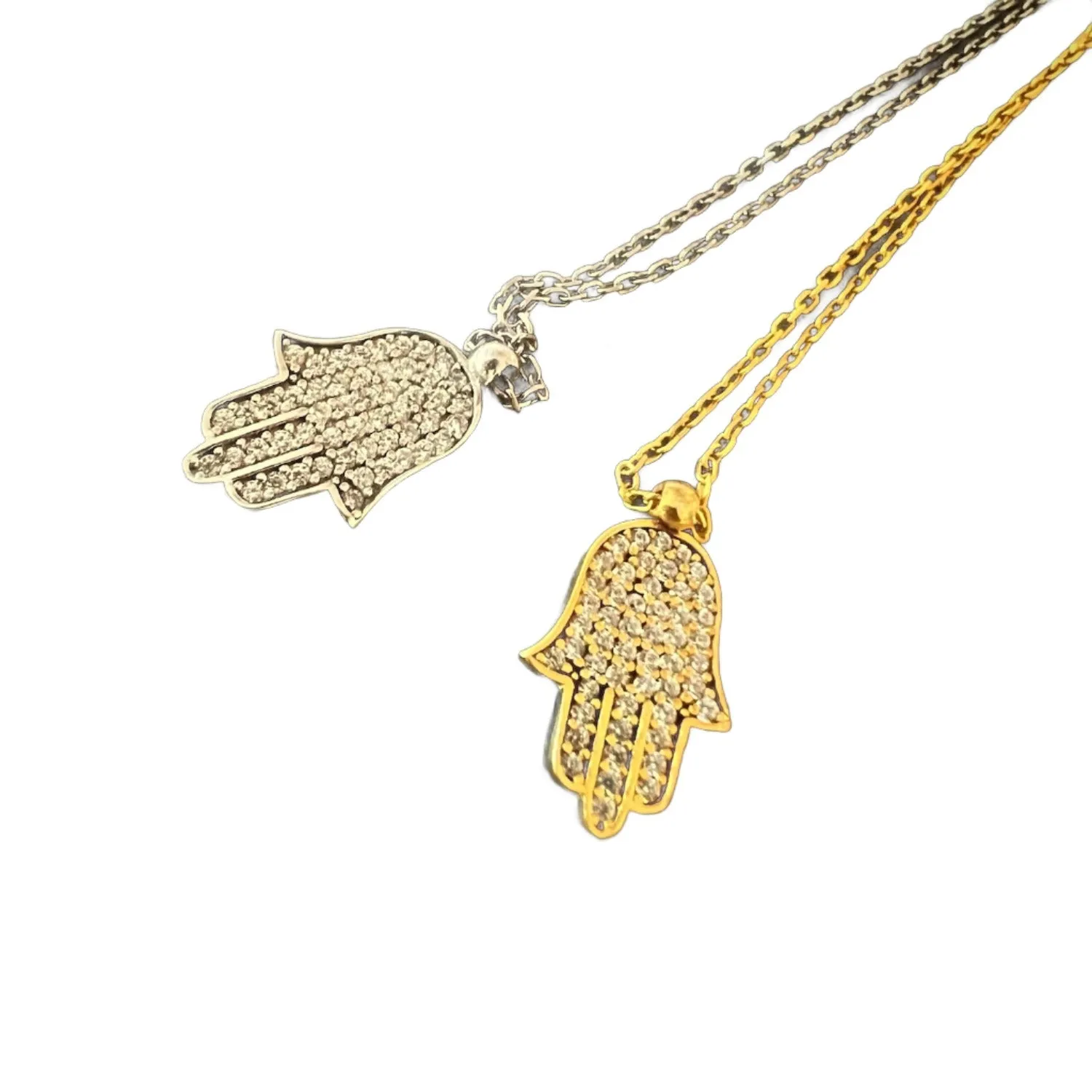 Dainty Diamond Hamsa Pendant Chain Silver Necklace