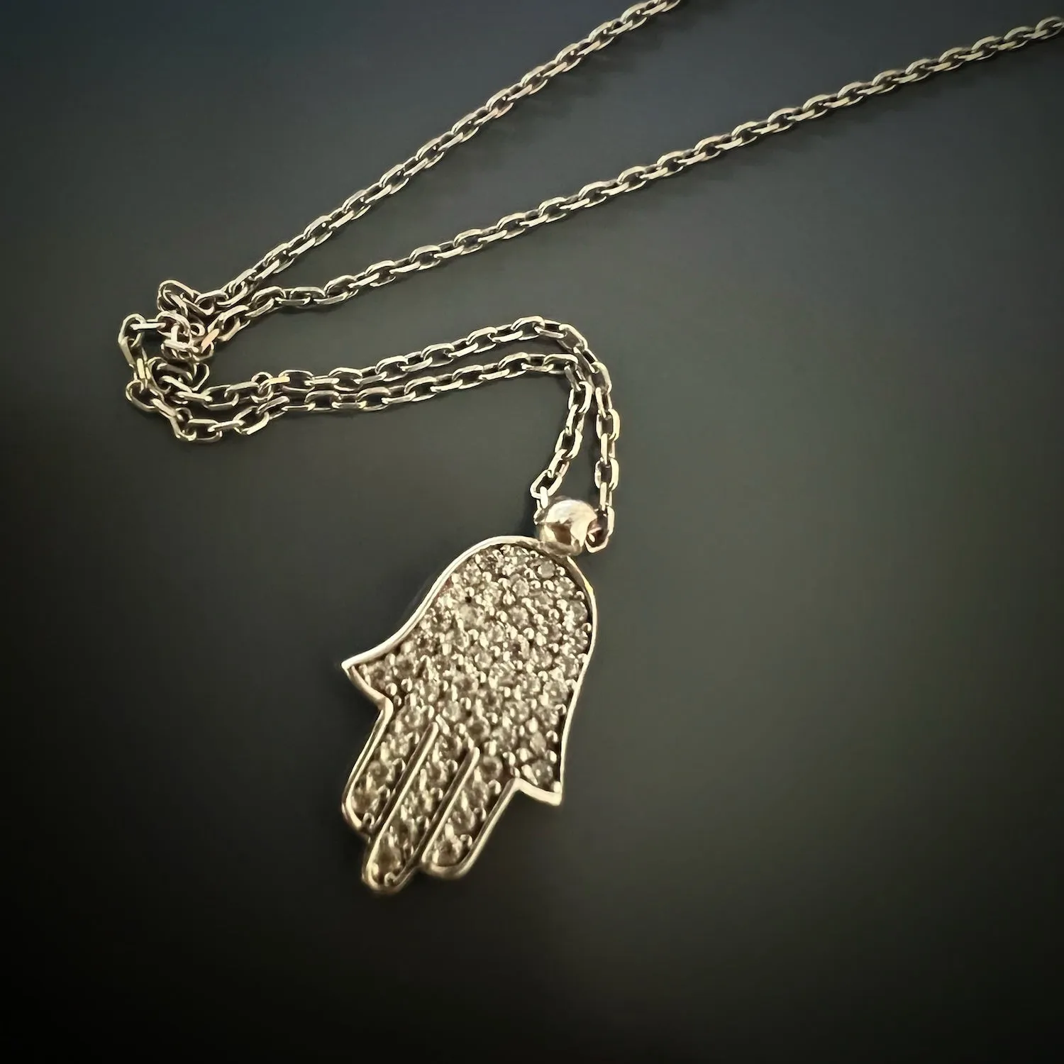 Dainty Diamond Hamsa Pendant Chain Silver Necklace