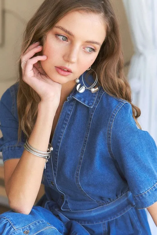 Dark Blue Tiered Button Down Tie Waist Short Sleeve Denim Dress