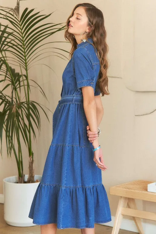 Dark Blue Tiered Button Down Tie Waist Short Sleeve Denim Dress