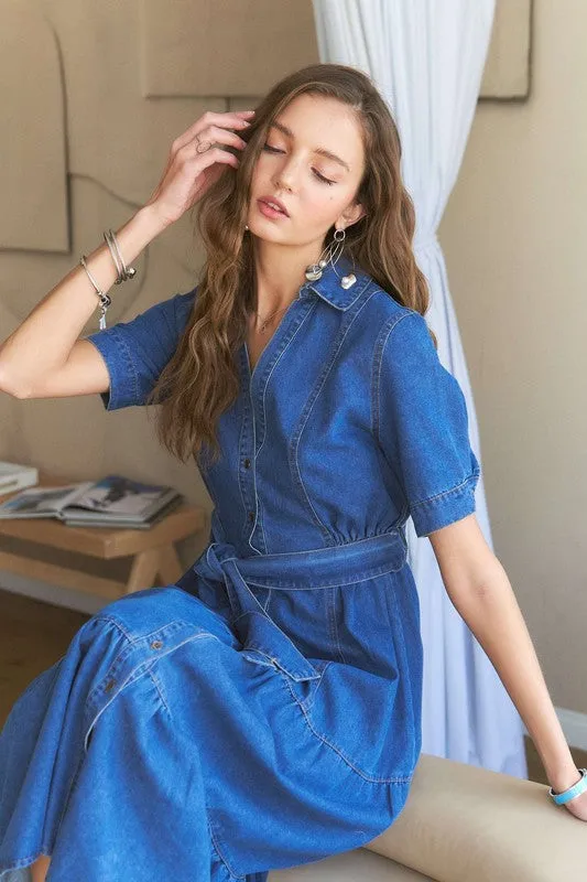 Dark Blue Tiered Button Down Tie Waist Short Sleeve Denim Dress