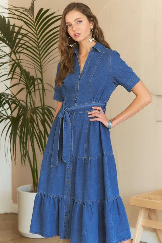 Dark Blue Tiered Button Down Tie Waist Short Sleeve Denim Dress