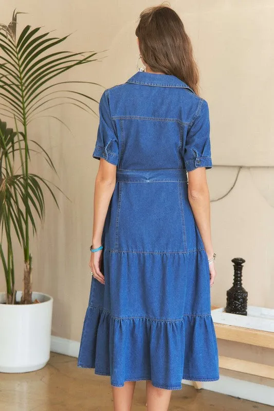 Dark Blue Tiered Button Down Tie Waist Short Sleeve Denim Dress
