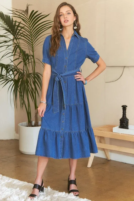 Dark Blue Tiered Button Down Tie Waist Short Sleeve Denim Dress