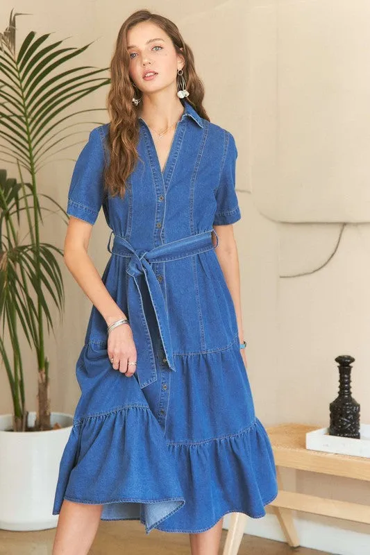 Dark Blue Tiered Button Down Tie Waist Short Sleeve Denim Dress