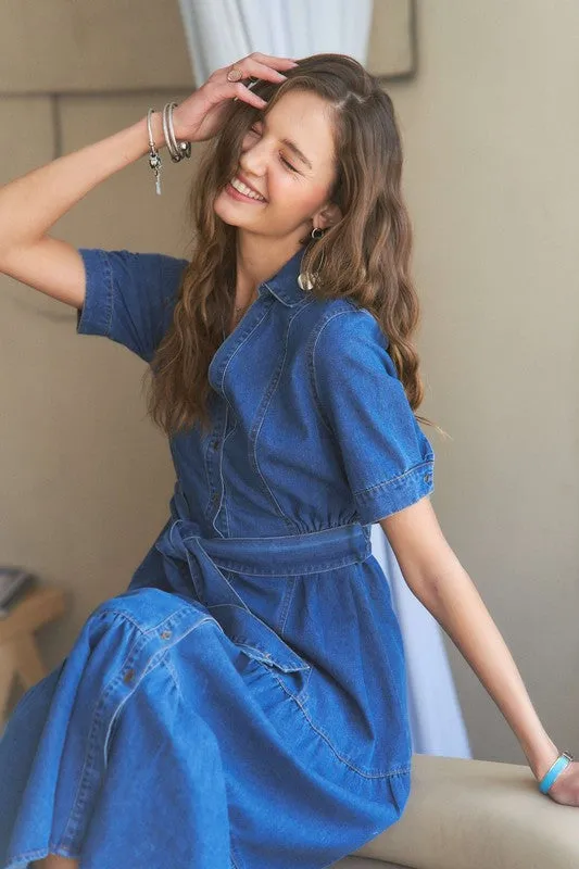 Dark Blue Tiered Button Down Tie Waist Short Sleeve Denim Dress