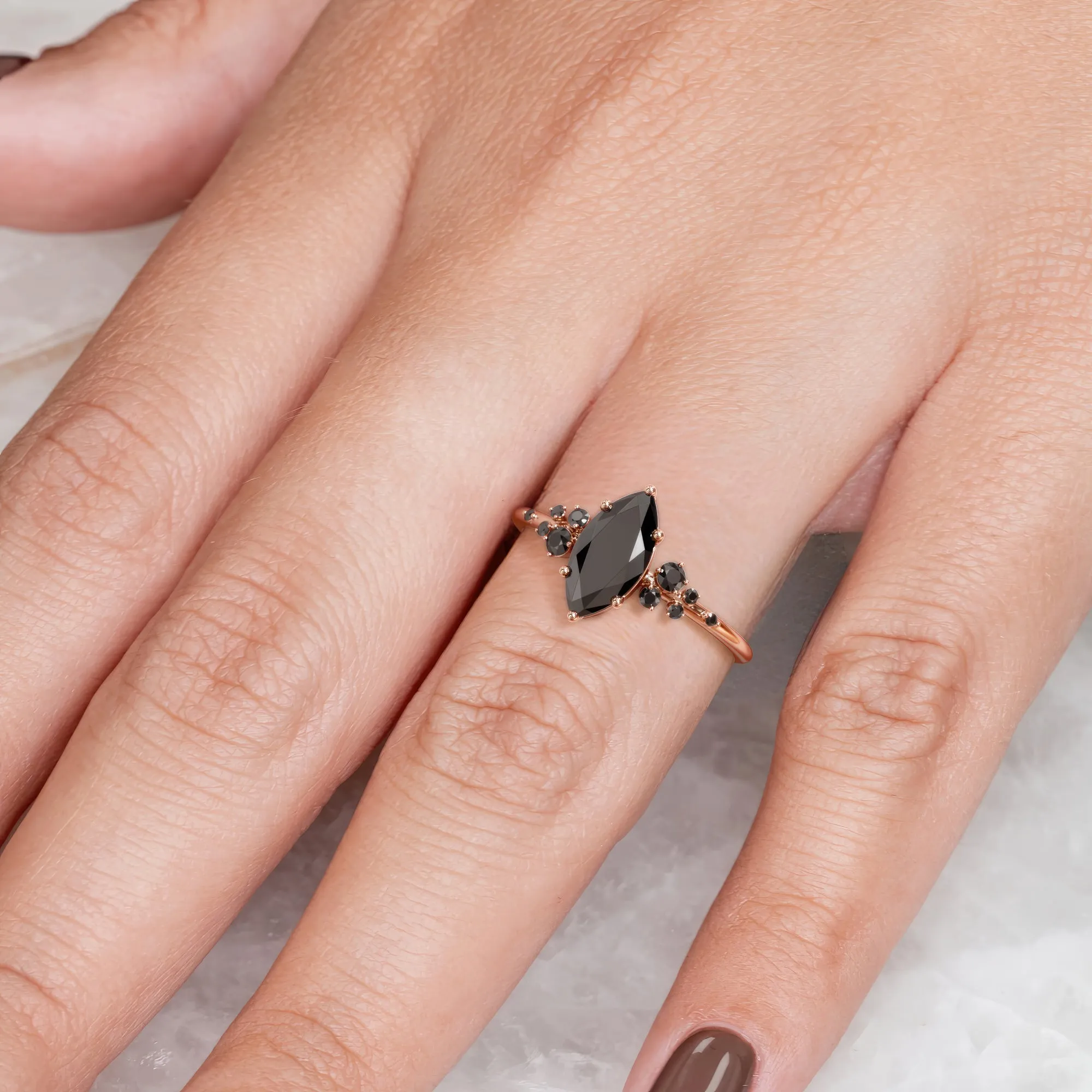 Darkiopeia -   Cluster  Natural Black Diamond Marquise Engagement Ring  in Rose Gold