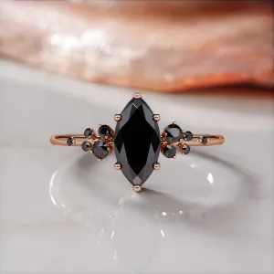 Darkiopeia -   Cluster  Natural Black Diamond Marquise Engagement Ring  in Rose Gold