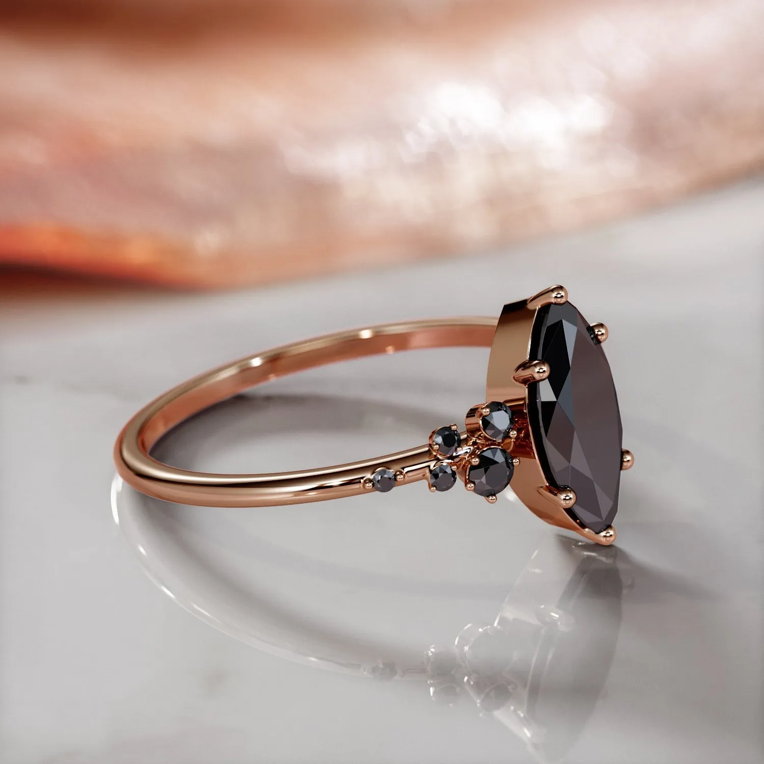 Darkiopeia -   Cluster  Natural Black Diamond Marquise Engagement Ring  in Rose Gold
