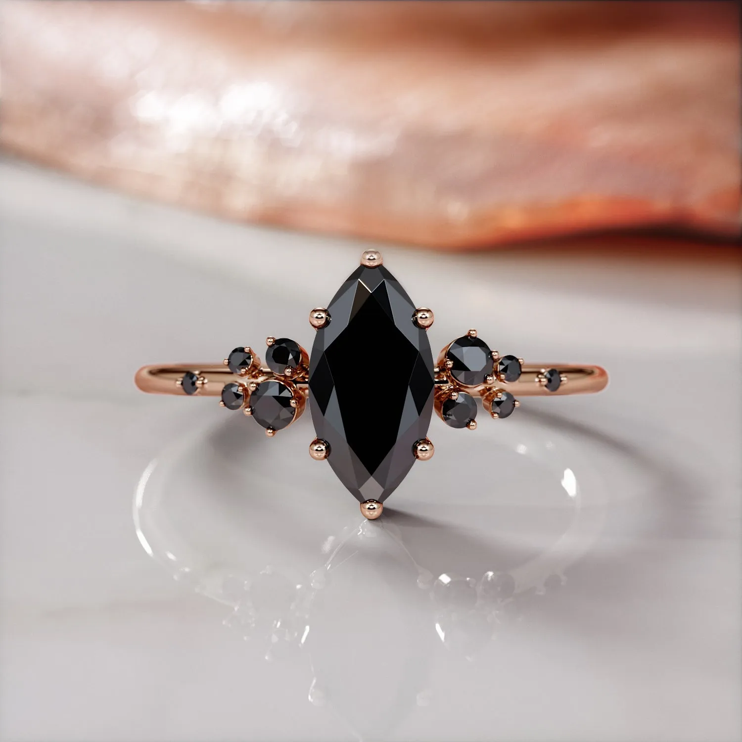 Darkiopeia -   Cluster  Natural Black Diamond Marquise Engagement Ring  in Rose Gold