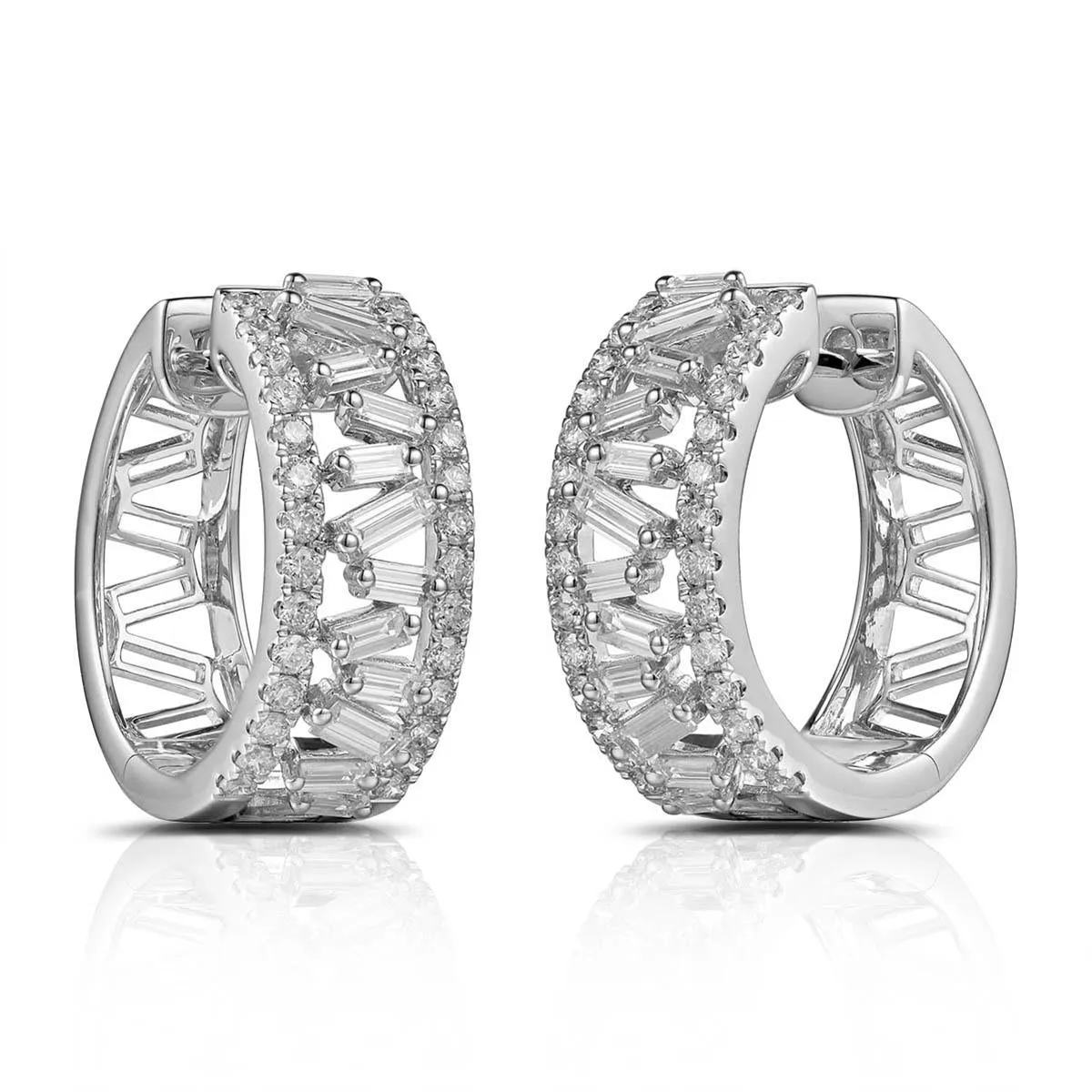 Diamond 1.28carat Baguette and Round Hoop Huggie Earrings