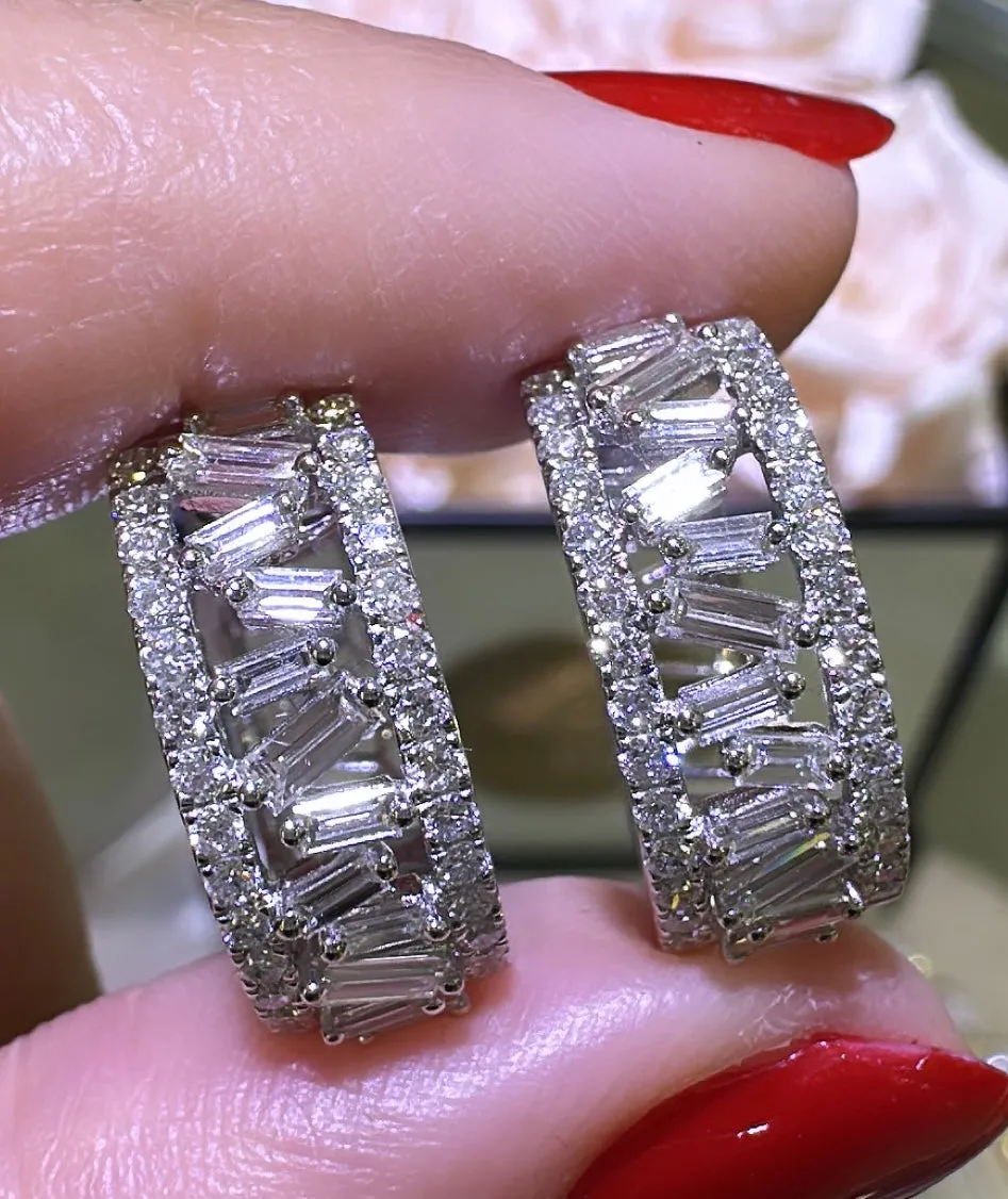 Diamond 1.28carat Baguette and Round Hoop Huggie Earrings