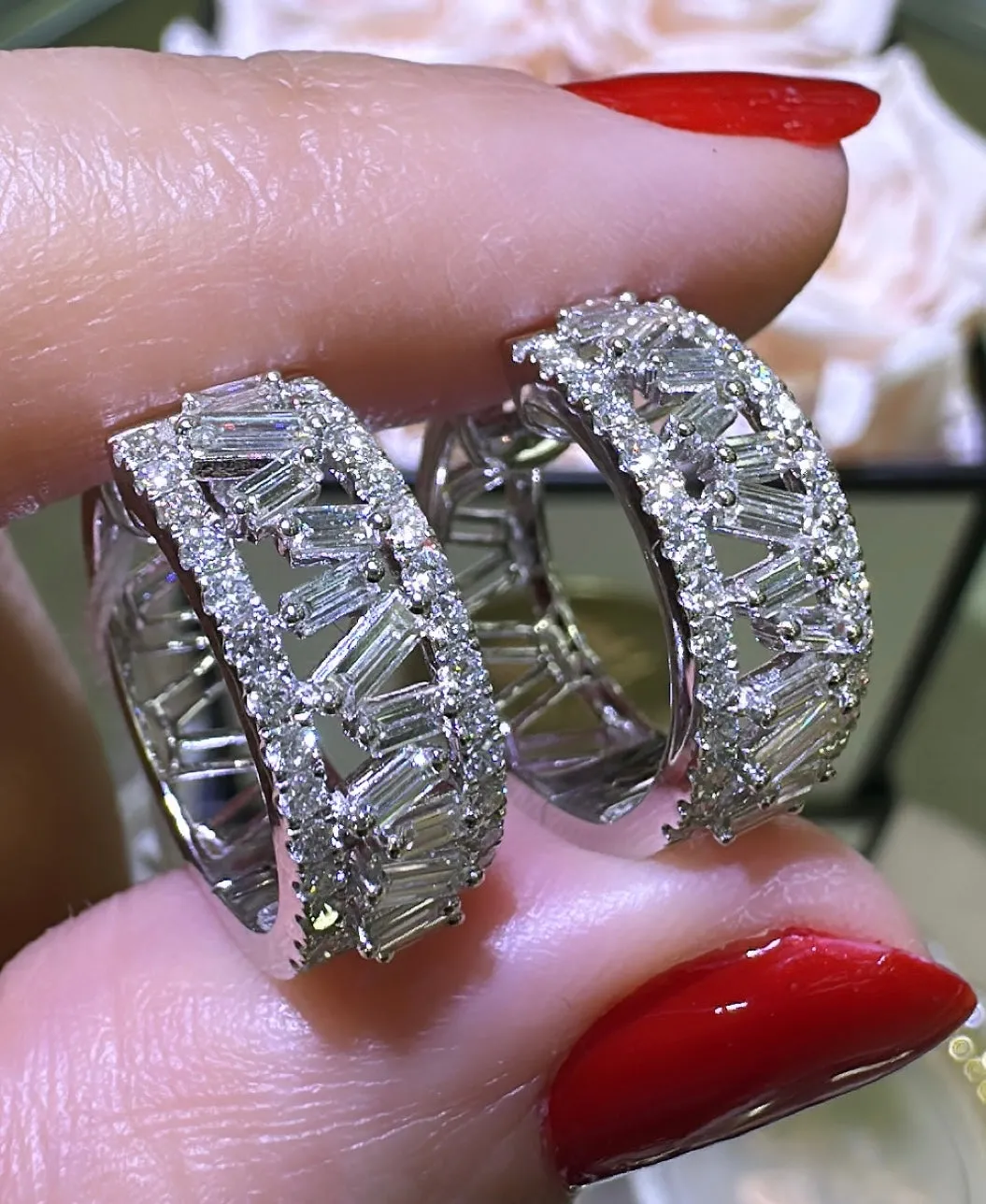 Diamond 1.28carat Baguette and Round Hoop Huggie Earrings