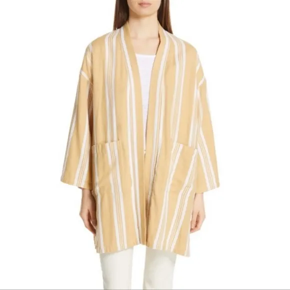 EILEEN FISHER Organic-Cotton Striped Kimono Jacket. Size L/XL