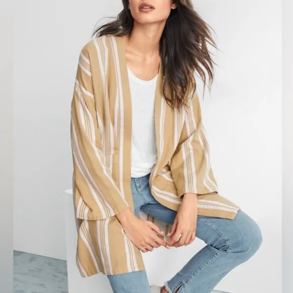 EILEEN FISHER Organic-Cotton Striped Kimono Jacket. Size L/XL