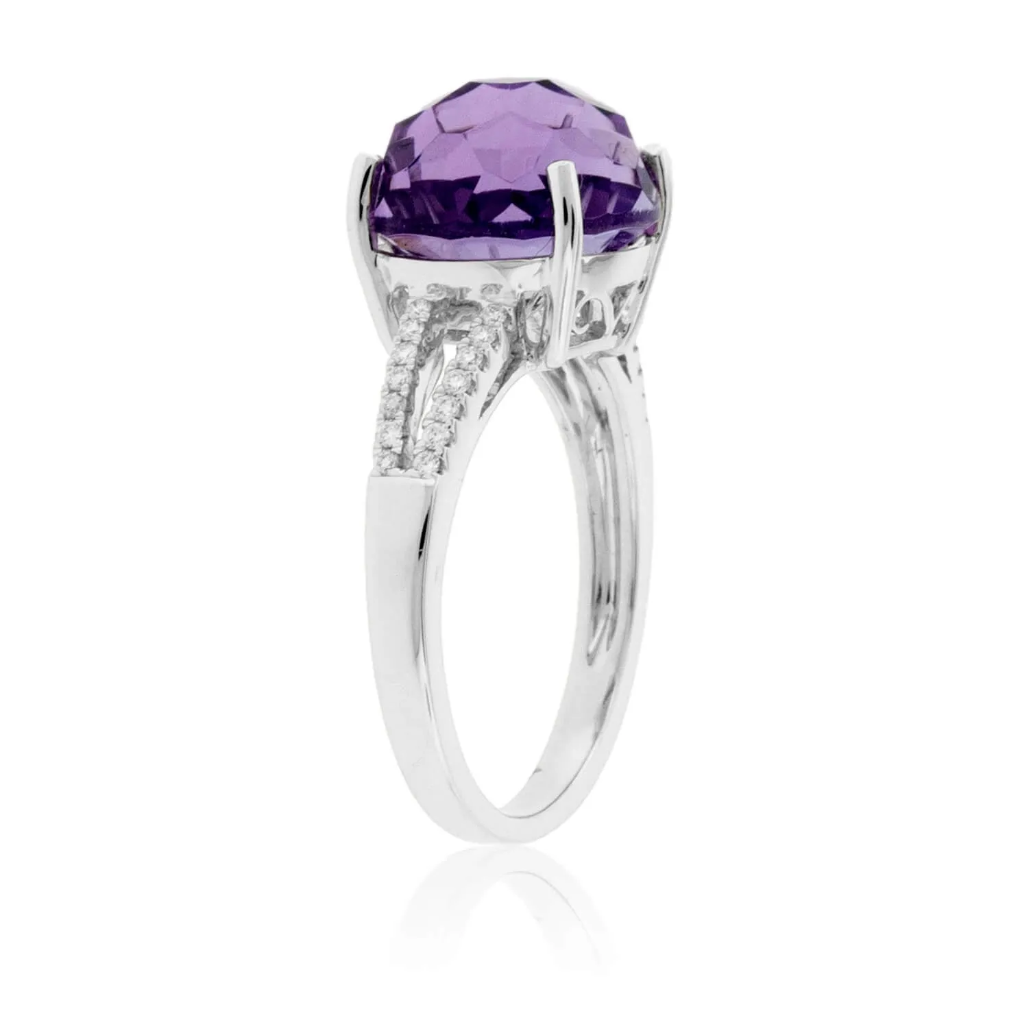 Fancy Daisy Cut Amethyst with Diamond Split Shank Ring