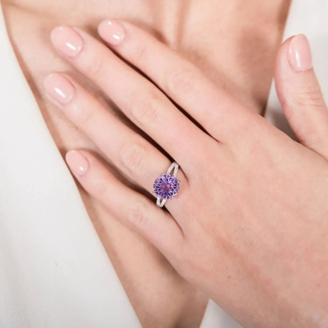 Fancy Daisy Cut Amethyst with Diamond Split Shank Ring
