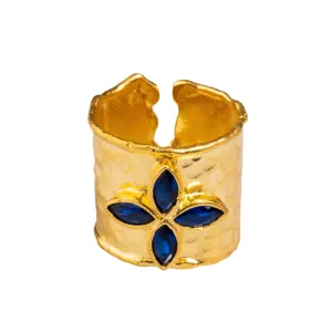 Floral Sapphire Stone Gold Band Design Statement Ring