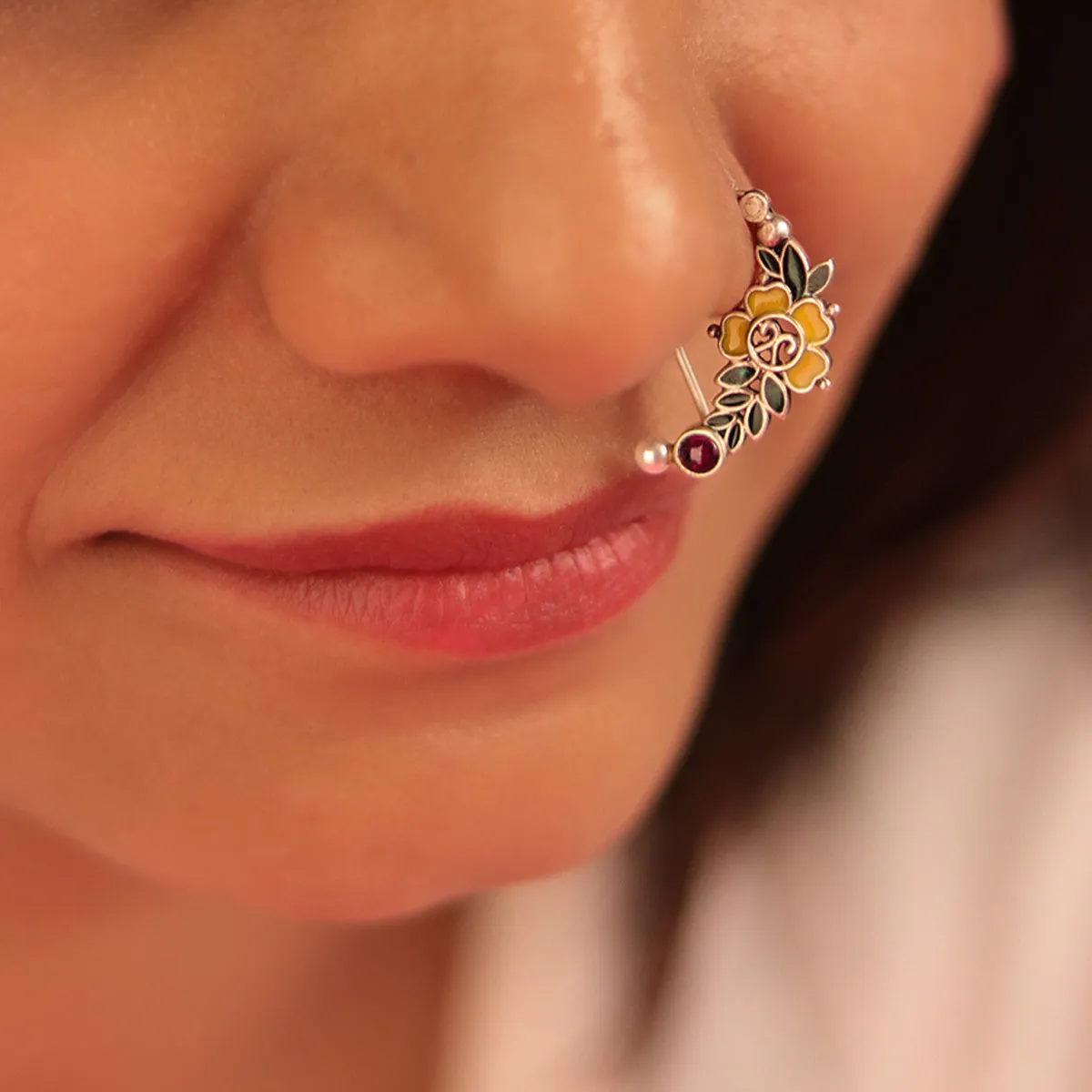 Floral Silver Nath/Nose Ring By Moha- Pierced Left