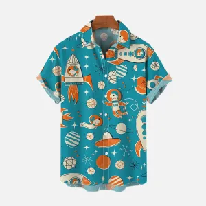 Geometric Cat Spaceship Casual Short Sleeve Shirt