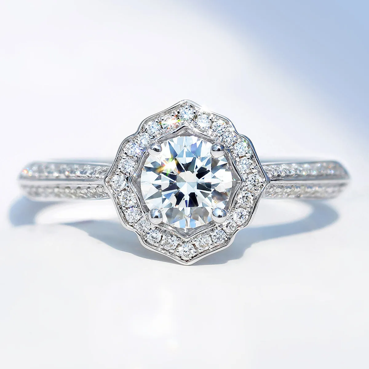 GIA Diamond Lotus Flower Shape Halo Engagement Ring