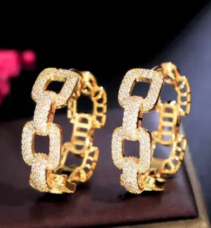 Gold Cz Cuban Chain Link Hoop Earrings 1”