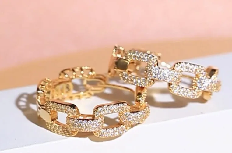 Gold Cz Cuban Chain Link Hoop Earrings 1”
