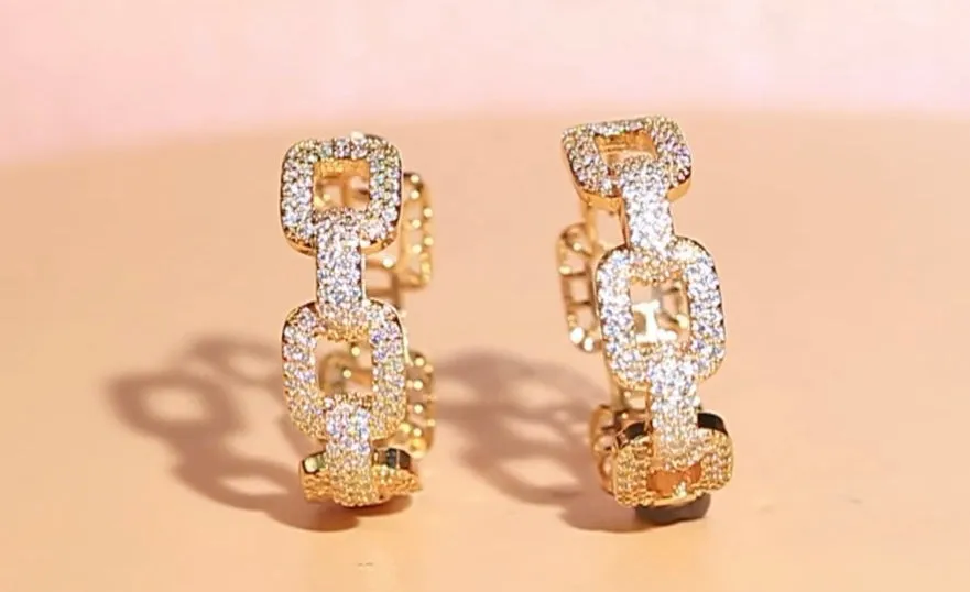 Gold Cz Cuban Chain Link Hoop Earrings 1”