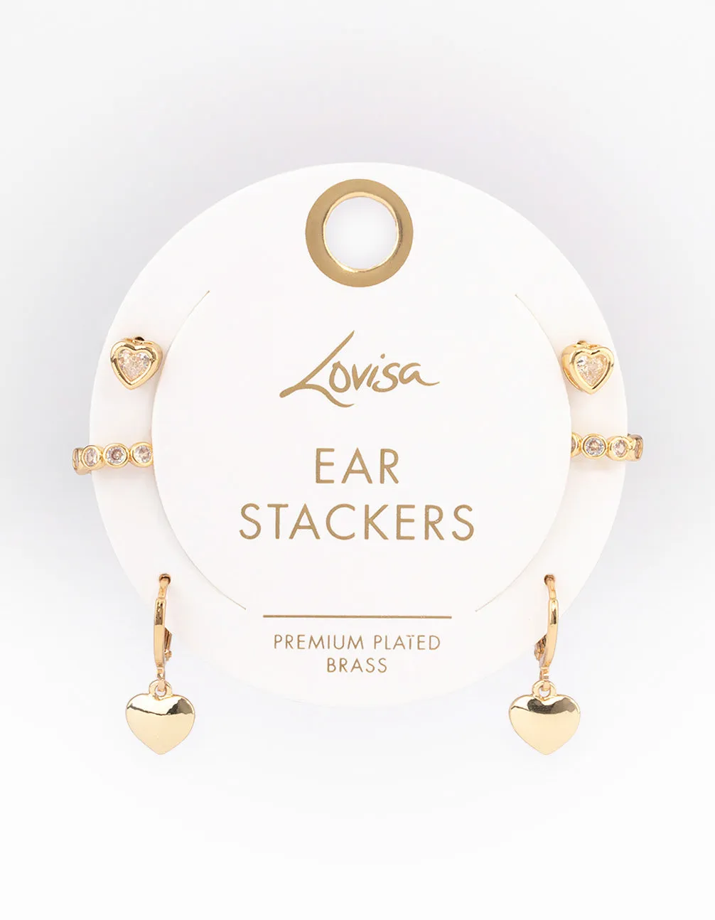 Gold Plated Brass Cubic Zirconia Heart Huggie & Cuff Earrings Pack