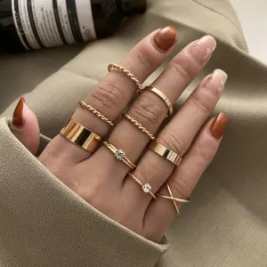 Gold Plated Nine Piece Multi Designs Ring Set
