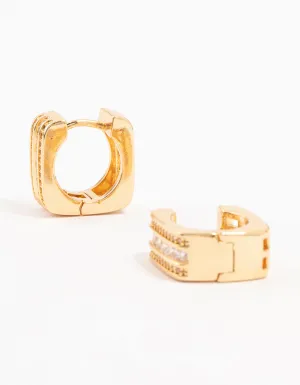 Gold Plated Trio Pave Set Diamante  Square Hoop Earrings