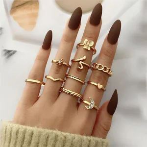 Golden 10 Piece Moon Heart Butterfly Chain Ring Set