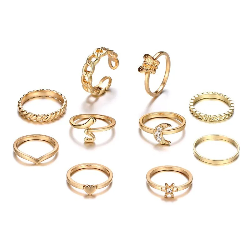 Golden 10 Piece Moon Heart Butterfly Chain Ring Set