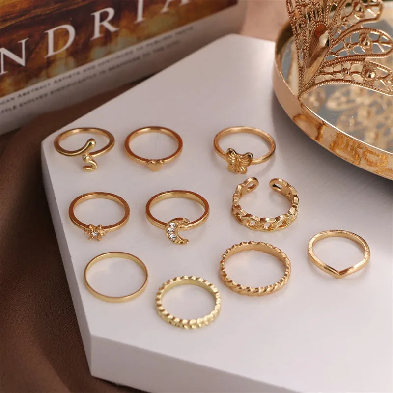 Golden 10 Piece Moon Heart Butterfly Chain Ring Set