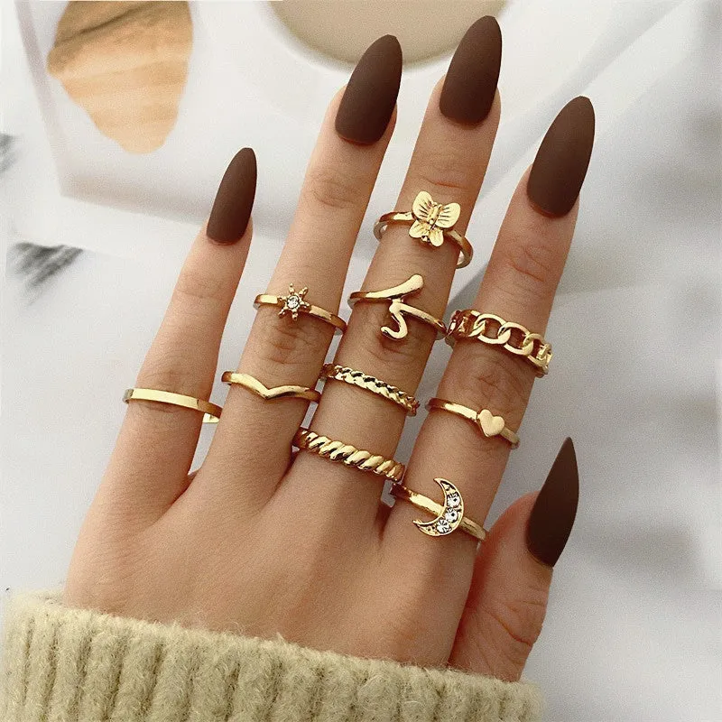 Golden 10 Piece Moon Heart Butterfly Chain Ring Set