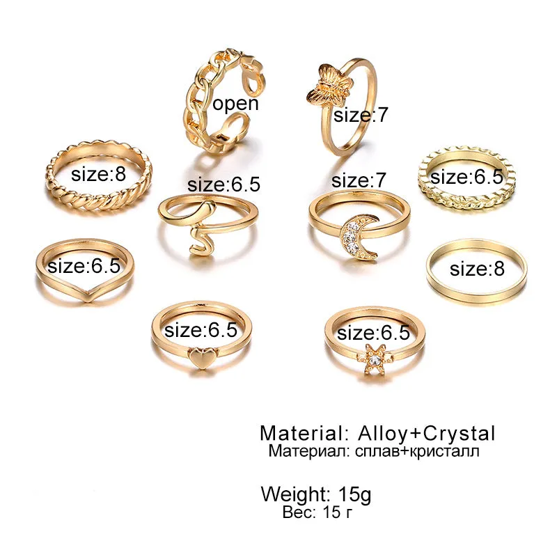 Golden 10 Piece Moon Heart Butterfly Chain Ring Set