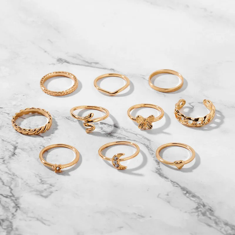 Golden 10 Piece Moon Heart Butterfly Chain Ring Set