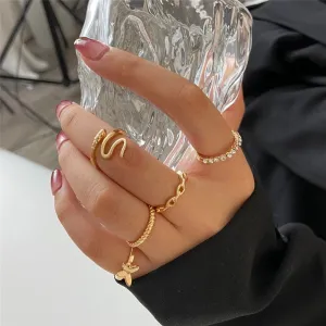 Golden 5 Piece Butterfly Snake Studded Chain Ring Set