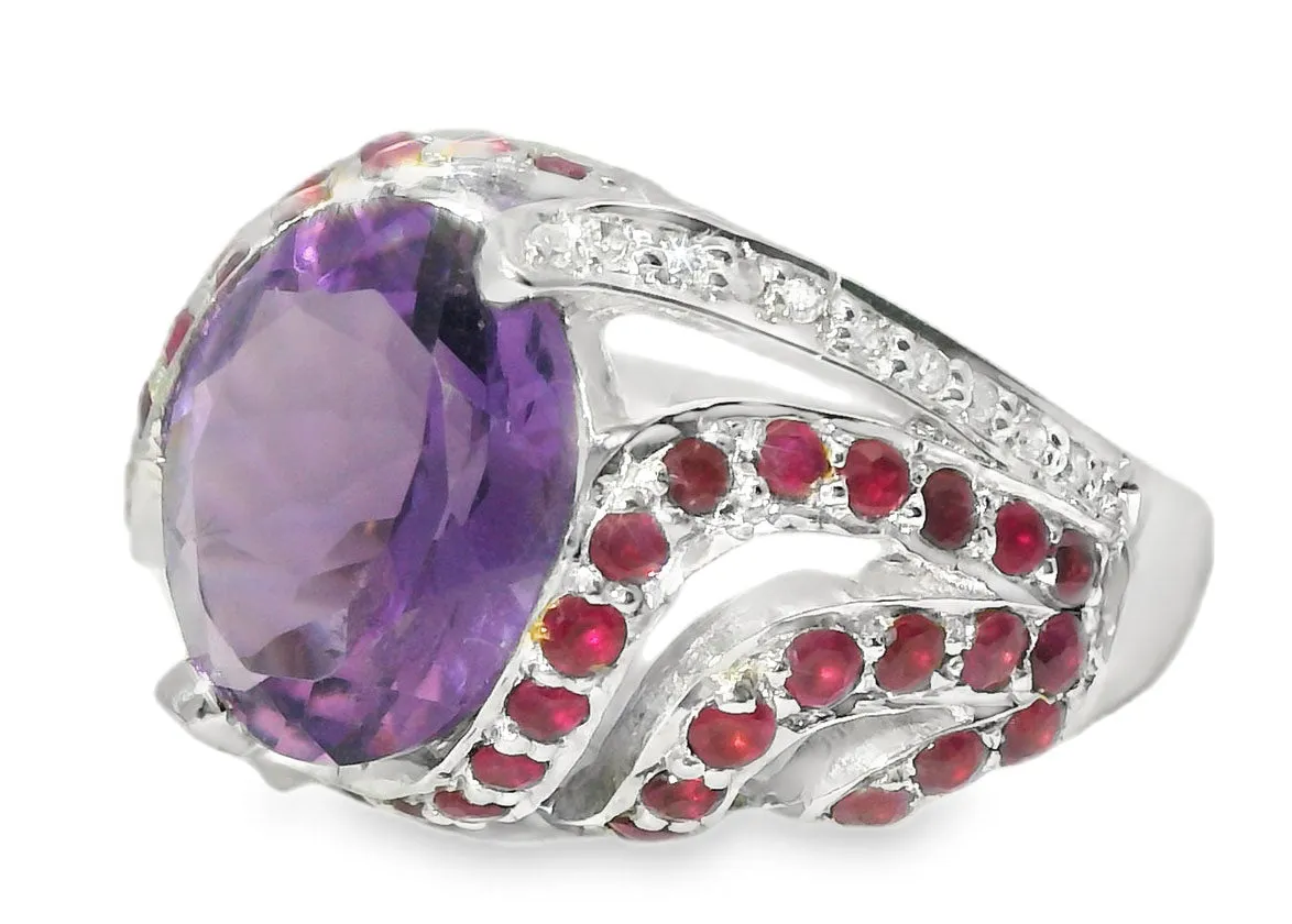 Gorgeous Estate 14K White Gold Amethyst Ruby Pave Diamond Ring Band