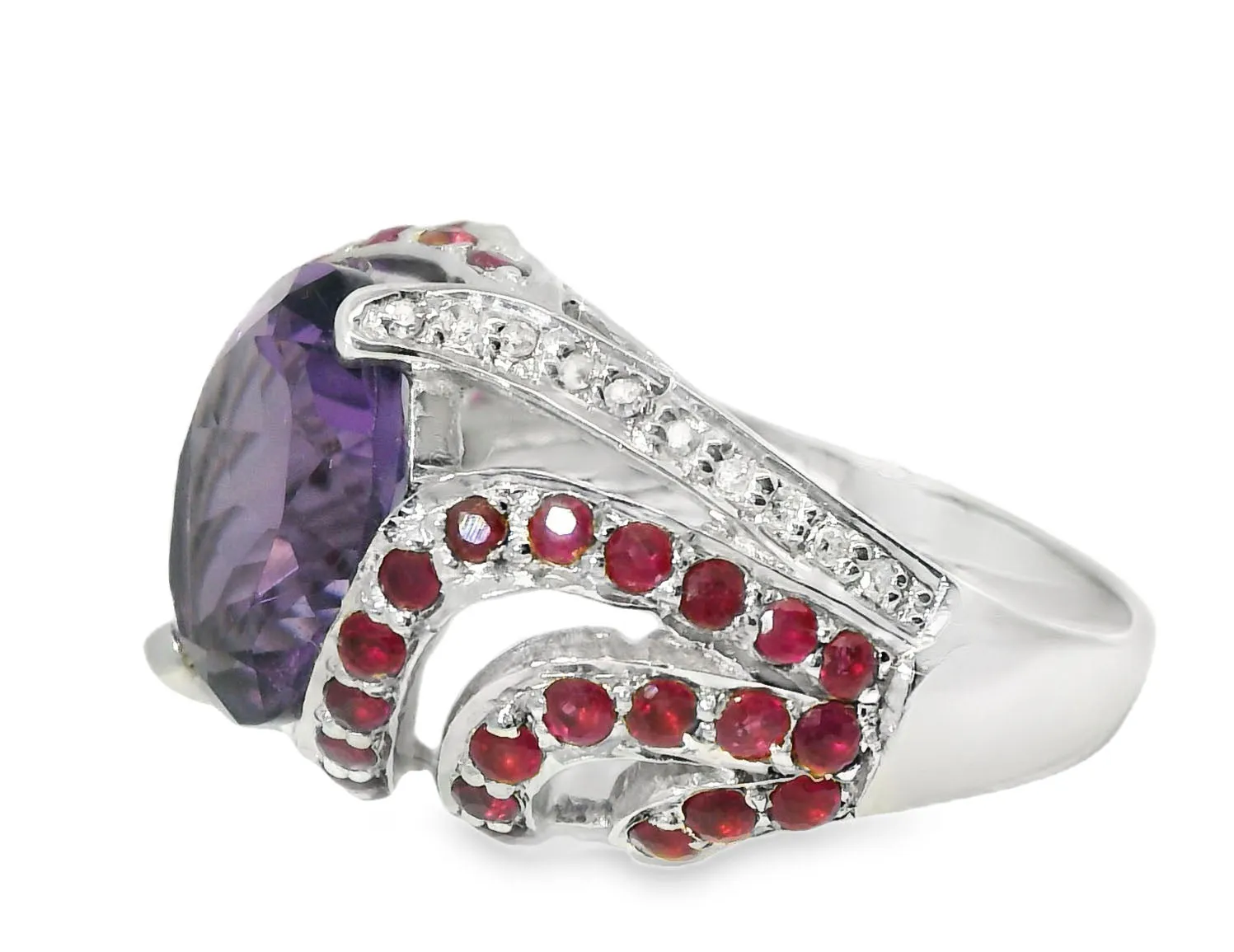Gorgeous Estate 14K White Gold Amethyst Ruby Pave Diamond Ring Band